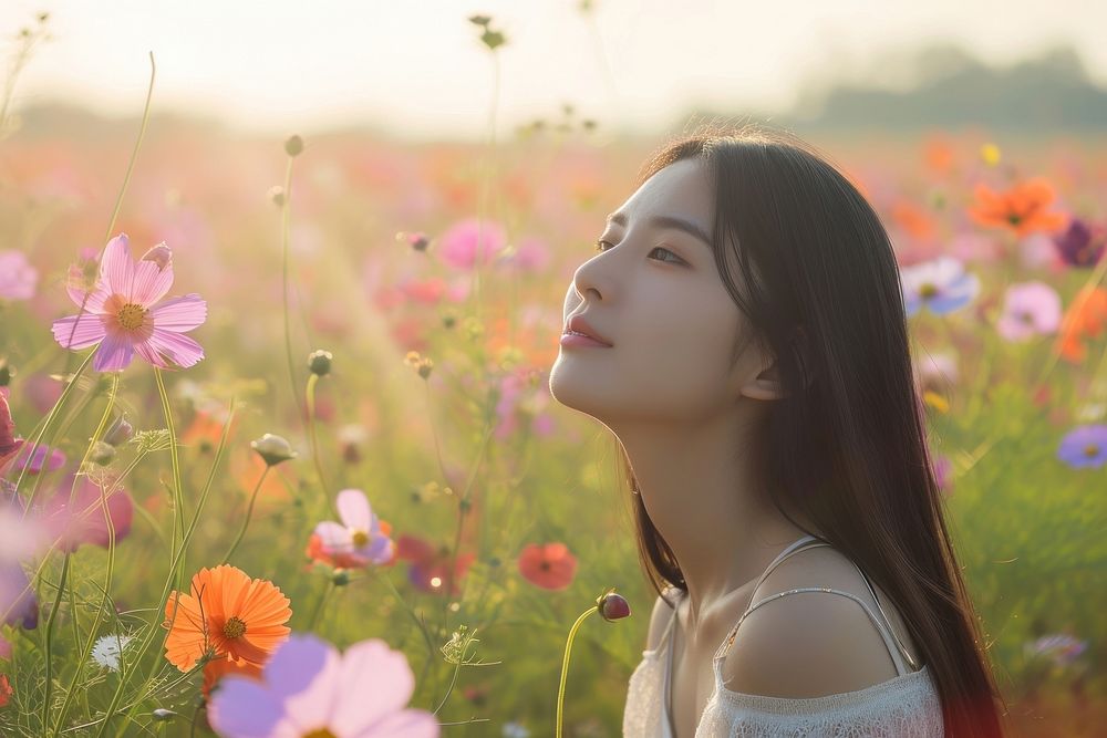 Photo of asian woman in flower field portrait outdoors nature.