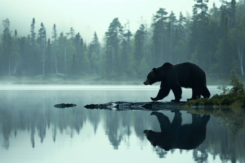 Photo of bear walking nearby a lake wildlife outdoors nature.