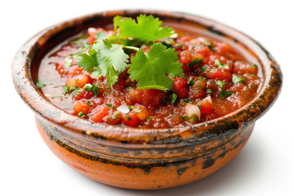 Bowl of mexican salsa sauce food white background vegetable.
