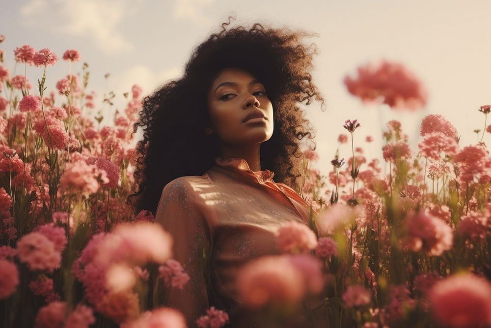 Photo of black woman in flower field portrait plant adult.