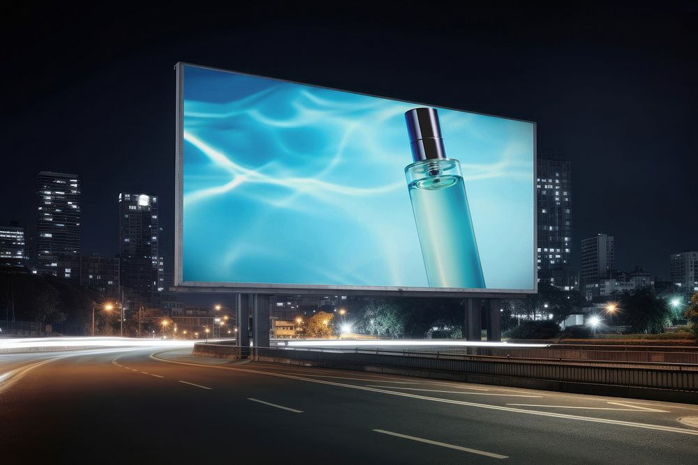Skincare ad on billboard sign at night