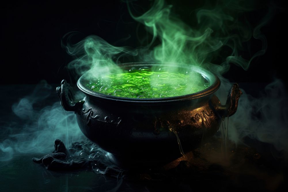 Cauldron with green glowing potion darkness cookware burning. AI generated Image by rawpixel.