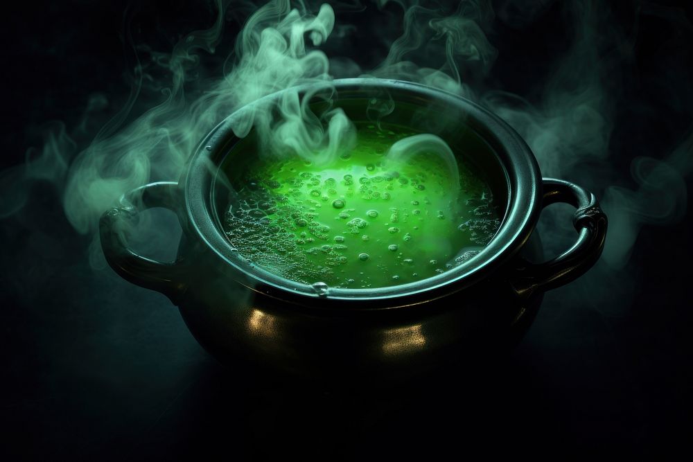 Cauldron with green glowing potion boiling appliance freshness. AI generated Image by rawpixel.