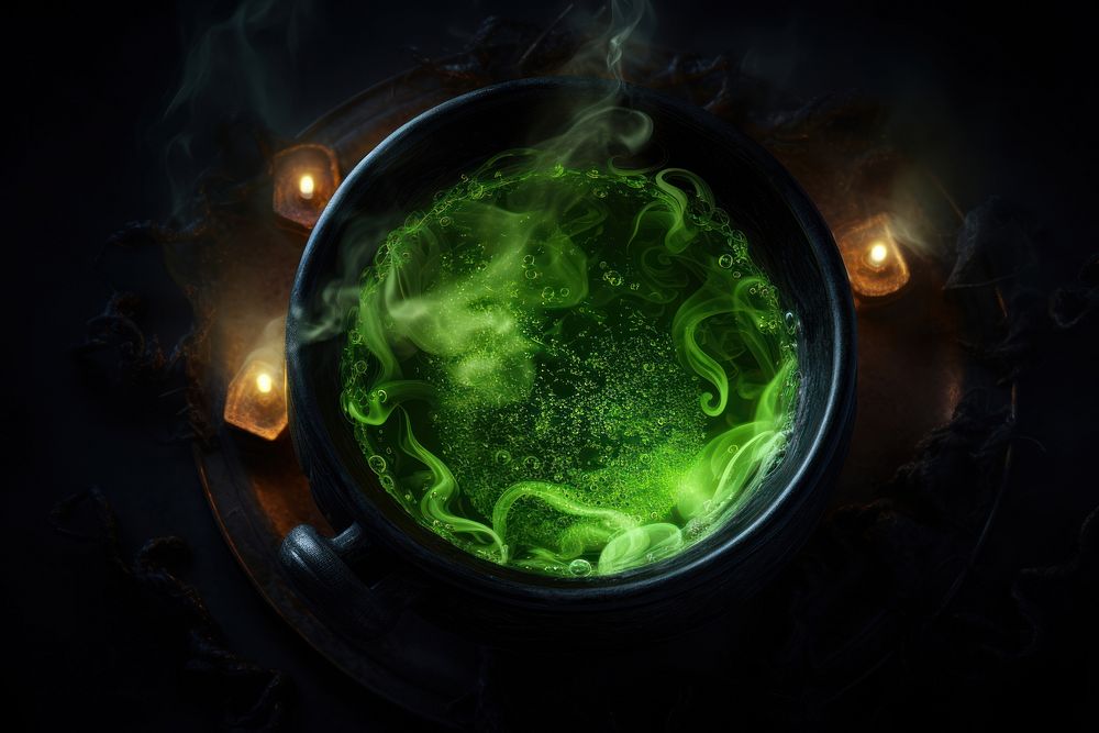 Cauldron with green glowing potion illuminated screenshot darkness. AI generated Image by rawpixel.
