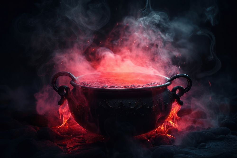 Cauldron with red glowing potion fire fireplace darkness. AI generated Image by rawpixel.
