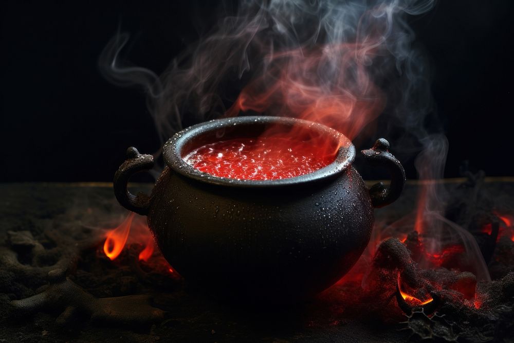 Cauldron with red glowing potion fireplace appliance freshness. AI generated Image by rawpixel.