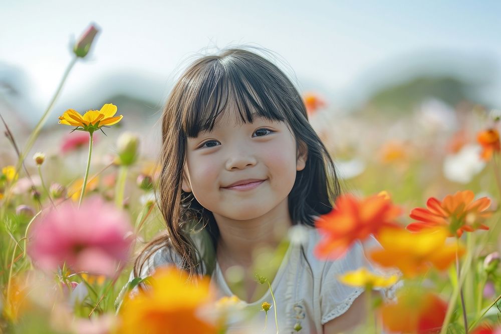 Photo of chubby asian in flower field portrait outdoors summer.