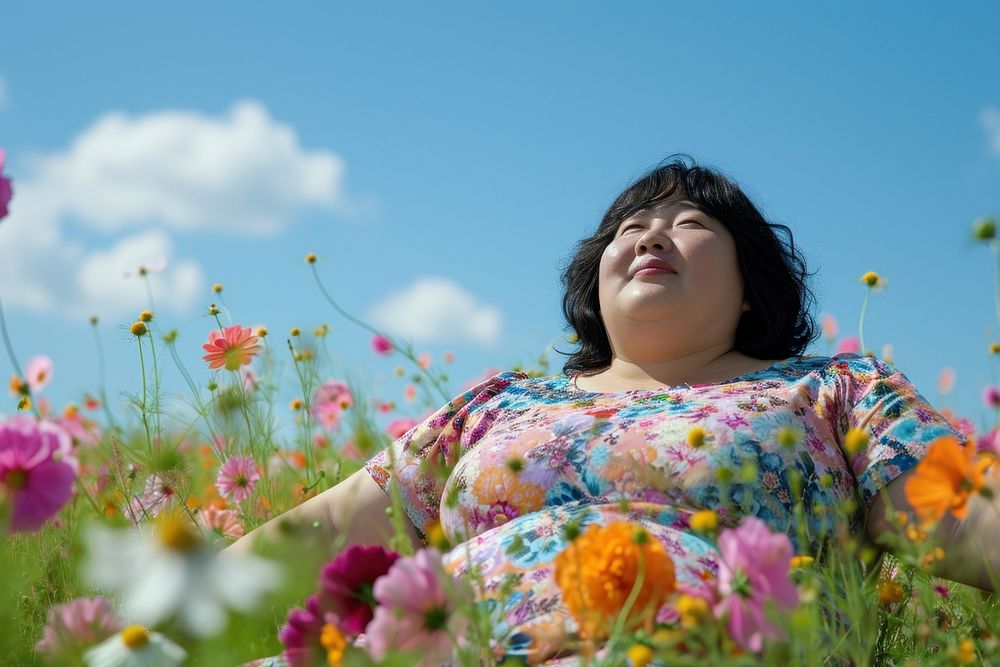 Photo of chubby asian in flower field outdoors summer nature.