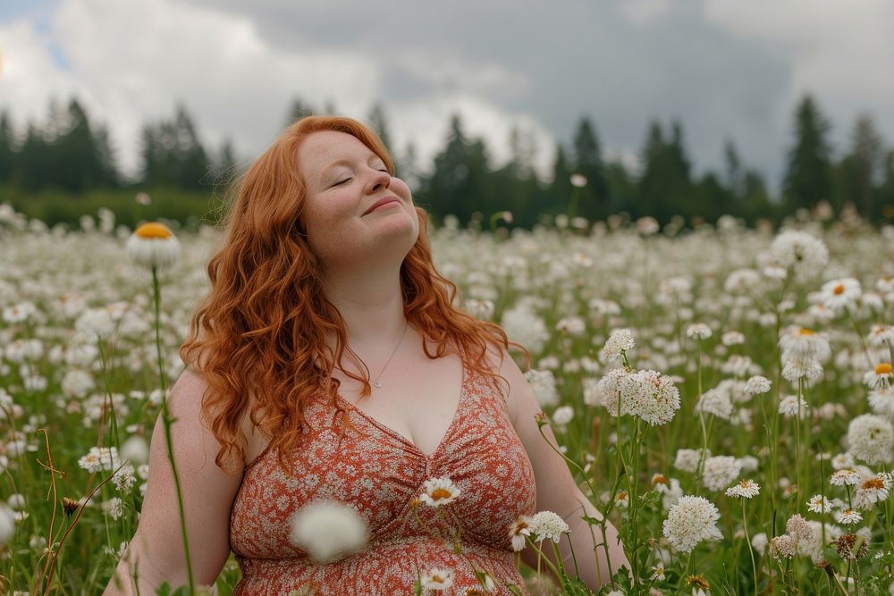 Photo of chubby ginger woman in flower field portrait outdoors meadow.