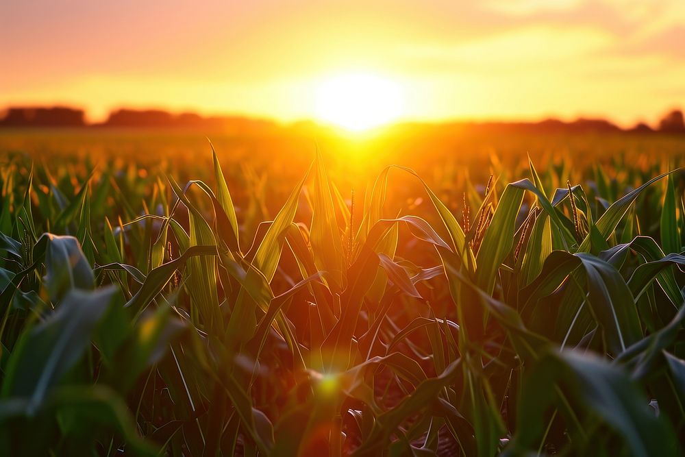 Photo of corn field sunlight sky landscape.