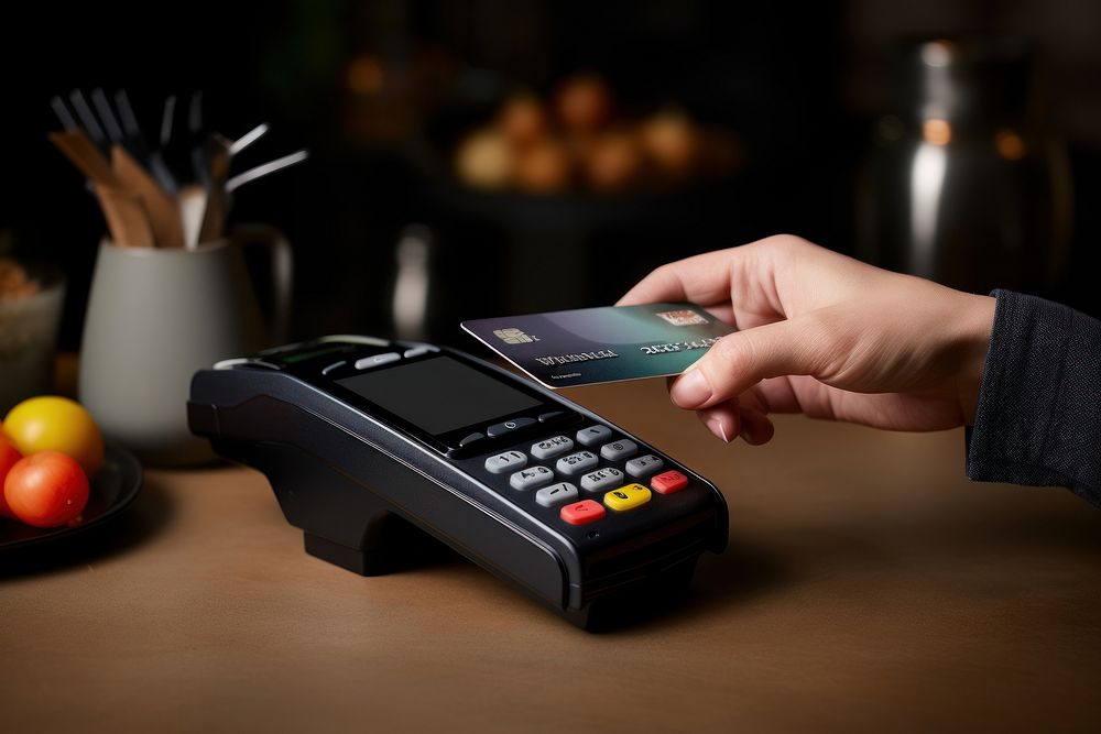 Customer holding credit card near nfc technology on counter electronics calculator barista. AI generated Image by rawpixel.