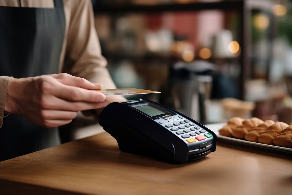 Customer holding credit card near nfc technology on counter pouring barista service. AI generated Image by rawpixel.