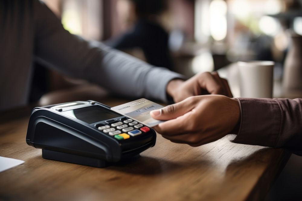 Customer holding credit card near nfc technology on counter calculator document pouring. AI generated Image by rawpixel.