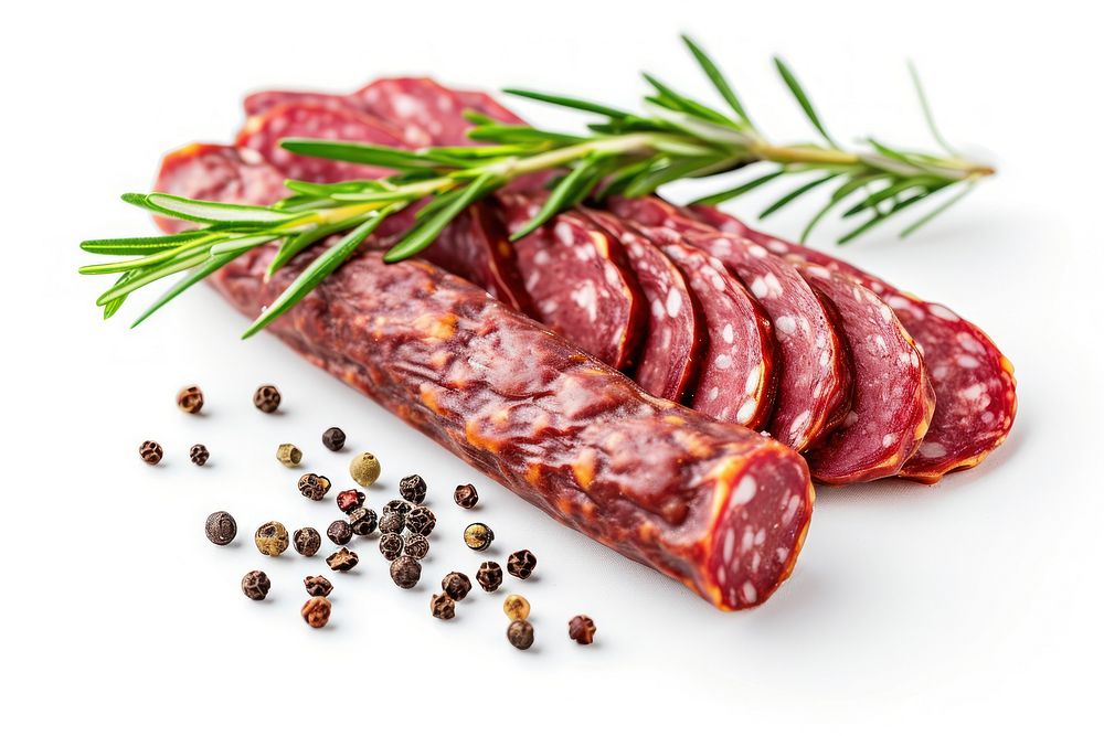 Dry salami sausage with fresh rosemary and spices meat beef food.