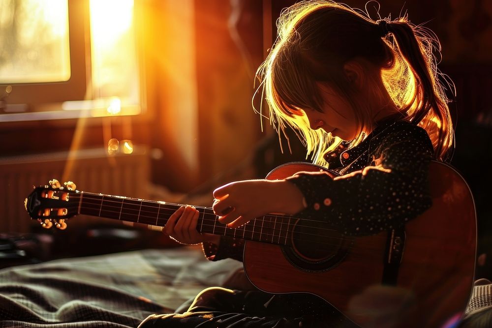 Girl enjoy playing the guitar musician light entertainment. AI generated Image by rawpixel.