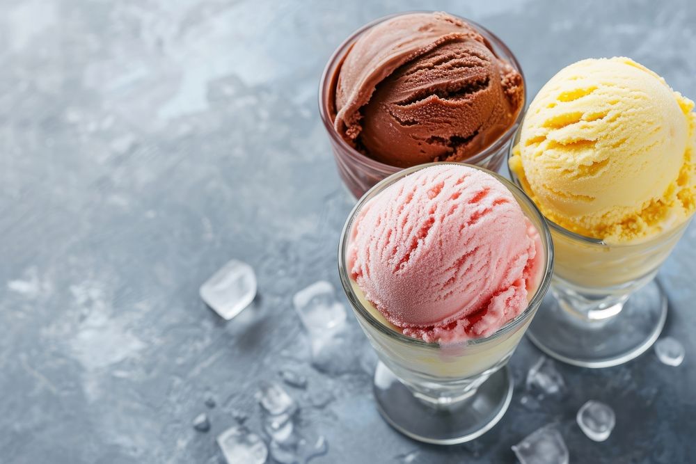 Photo of glass of 3 scoop ice creams dessert food chocolate.