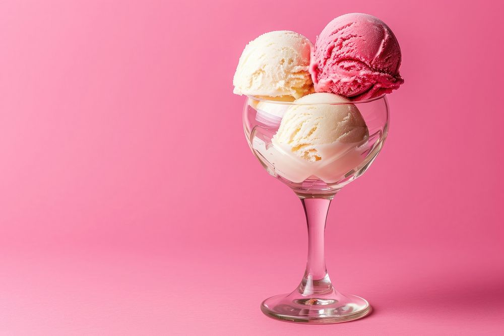 Photo of glass of 3 scoop ice creams dessert sundae food.