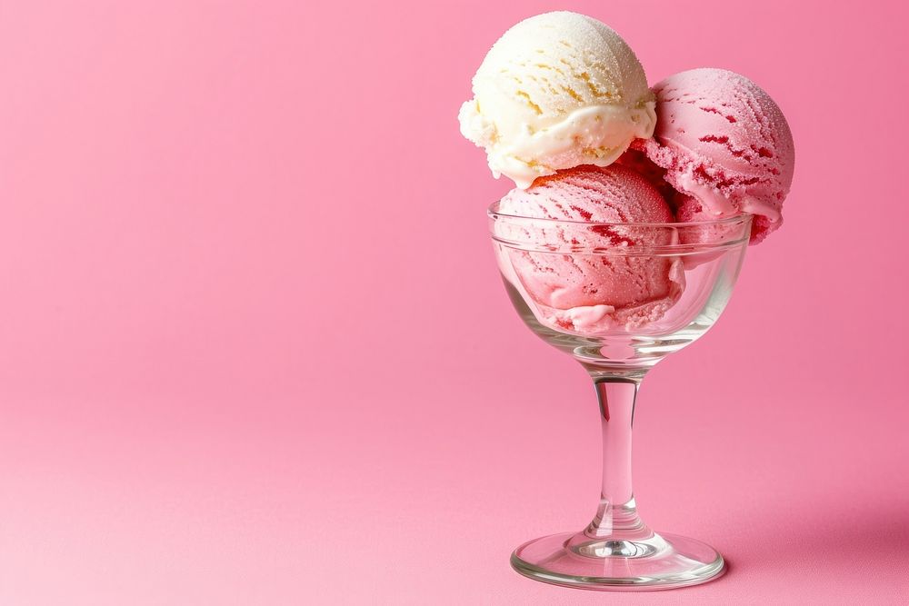 Photo of glass of 3 scoop ice creams dessert food refreshment.