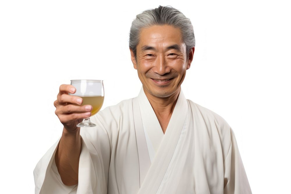 Japanese man toasting sake portrait drinking glass.