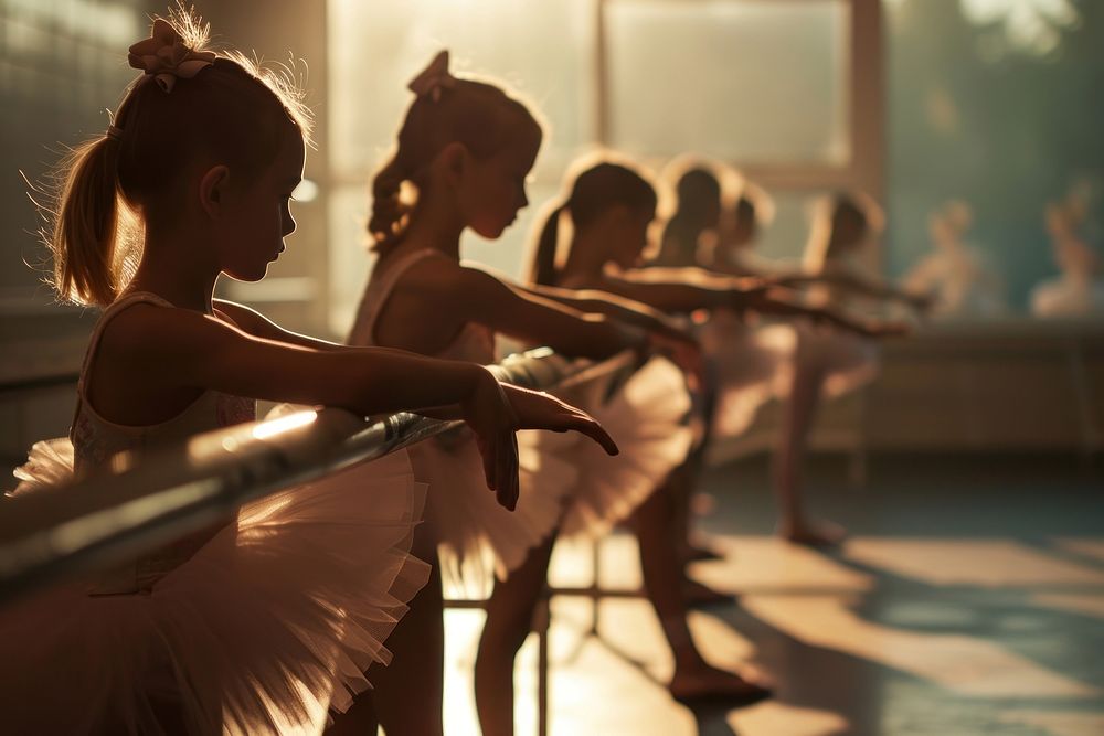 Little ballet students exercising in the barre dancing adult entertainment. AI generated Image by rawpixel.