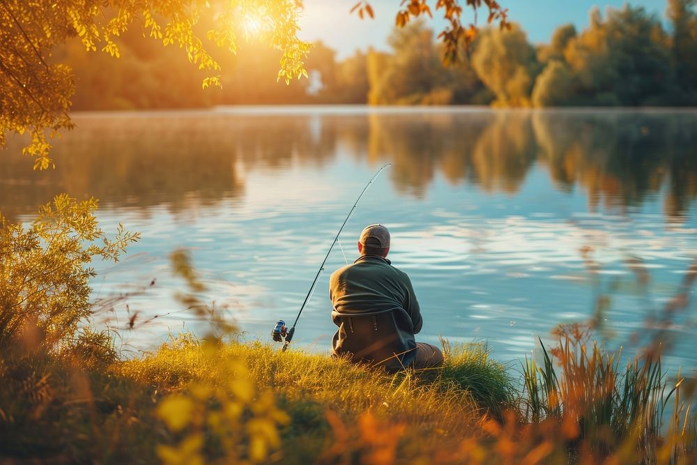 Photo of man fishing outdoors sitting nature.