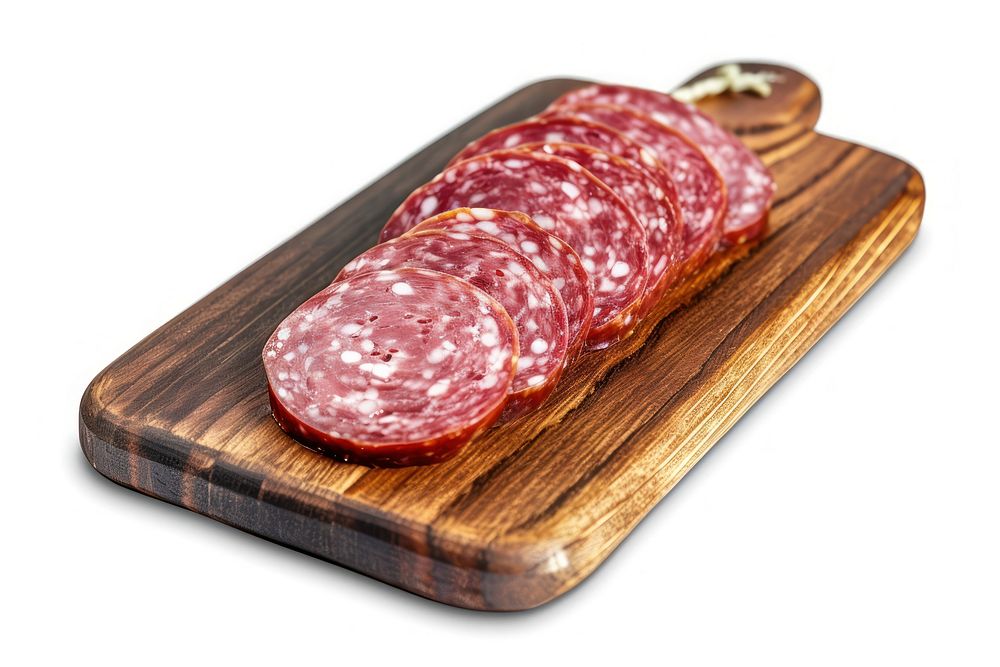 Meat food sausage salami slices wooden board meat pork white background.