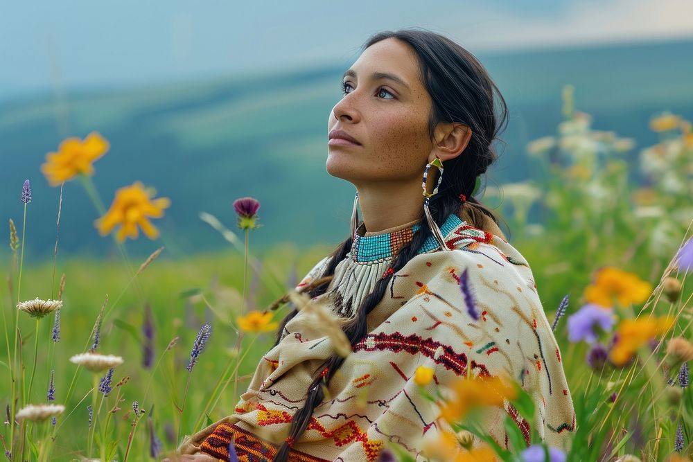 Photo of native american woman in flower field adult tribe contemplation.