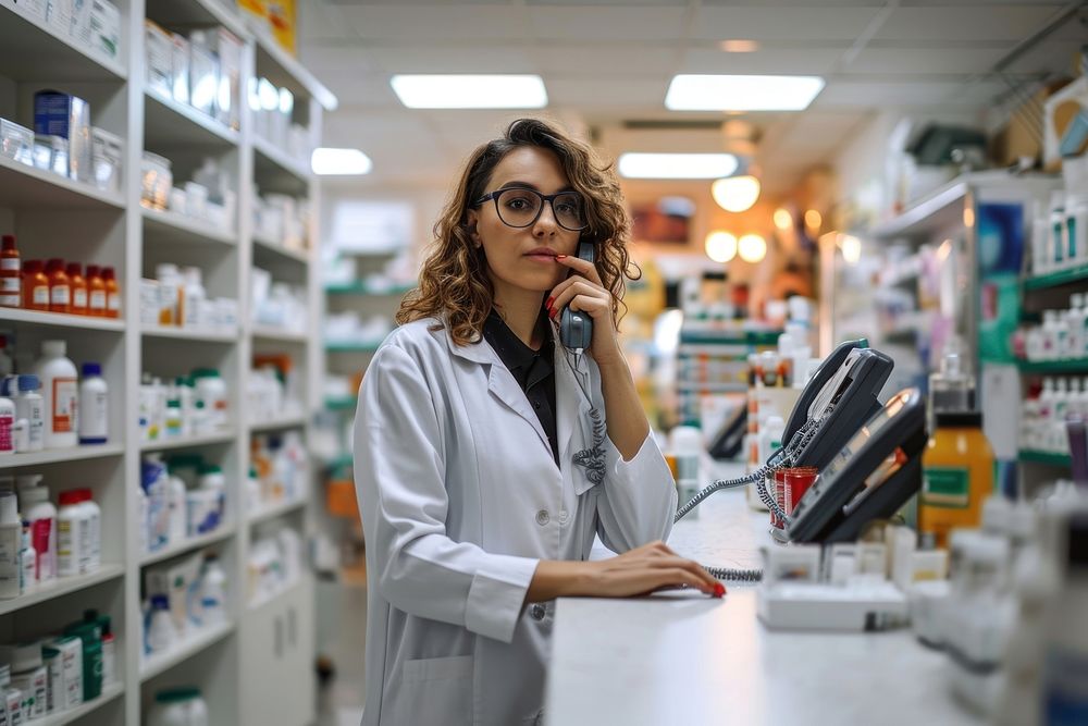 Pharmacist adult woman phone. 