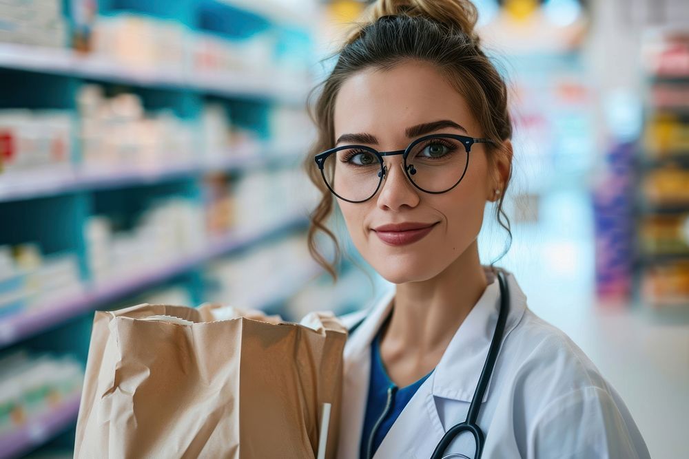 Pharmacist holding adult woman. AI generated Image by rawpixel.