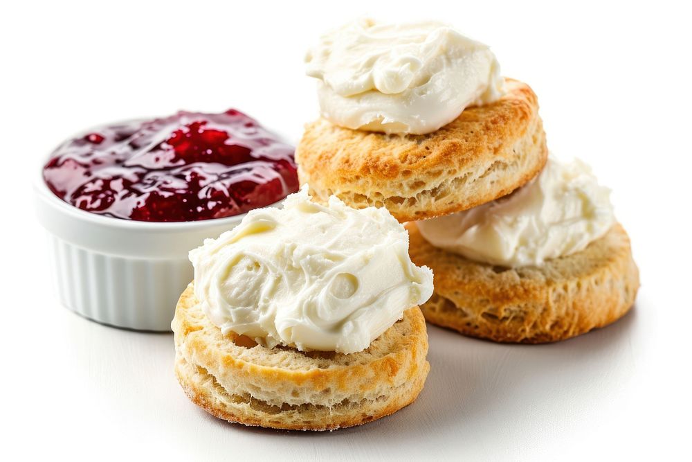 Scone and clotted cream and jam dessert pastry bread.