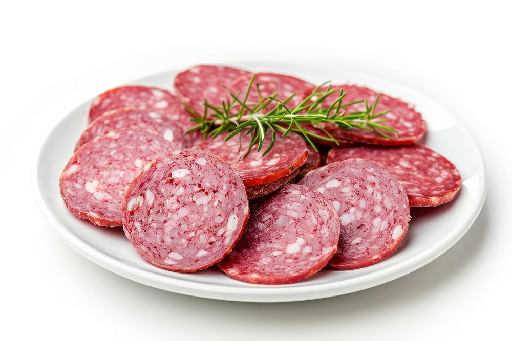 Sausage salami slices on dish plate meat beef.