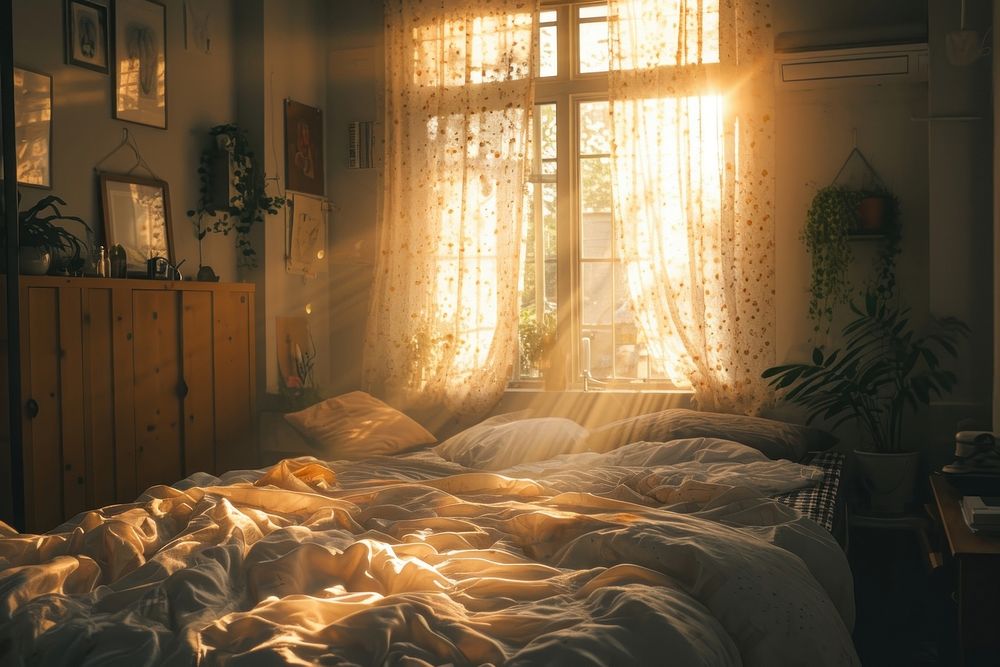 Photo of sunlight through bedroom furniture architecture comfortable.