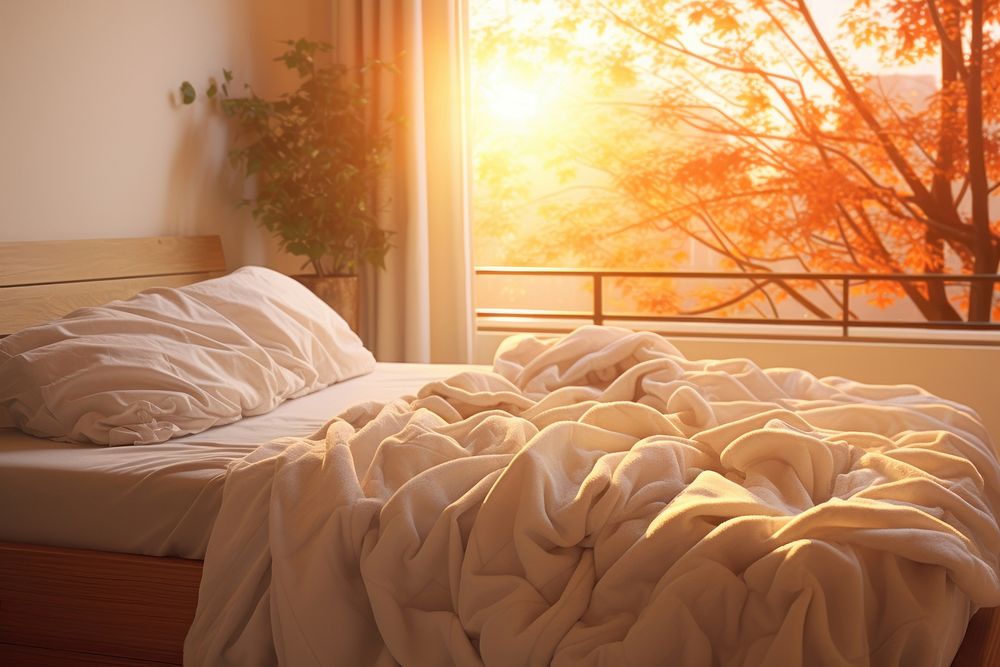Photo of sunlight through bedroom furniture blanket pillow.