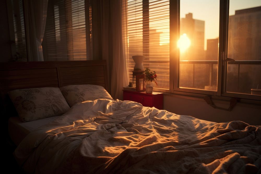Photo of sunlight through bedroom furniture sunset sky.