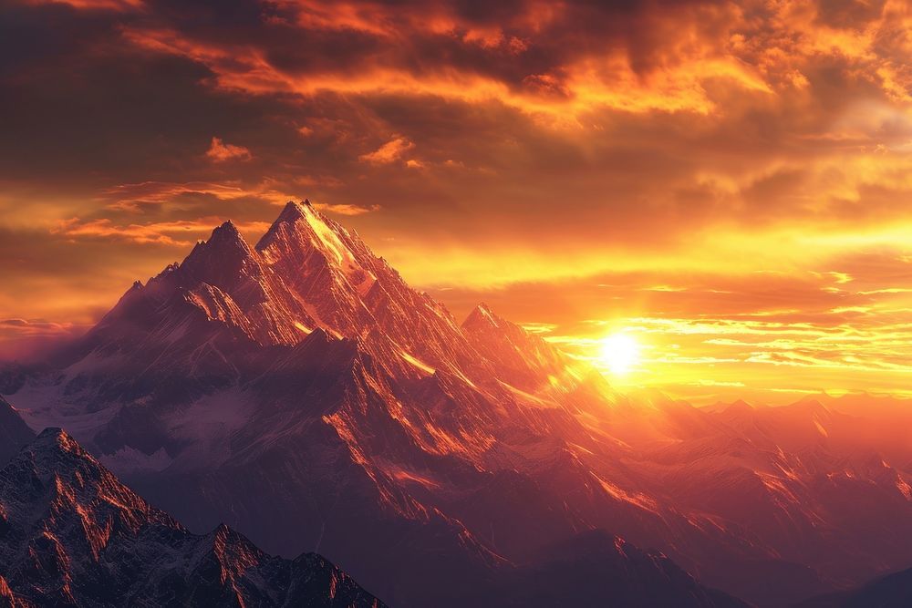 Photo of sunset behind a mountain sunlight sky landscape.