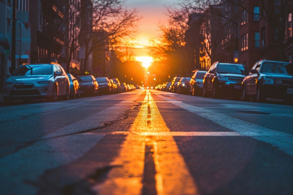 Photo of sunset behind a perspective street sky architecture cityscape.