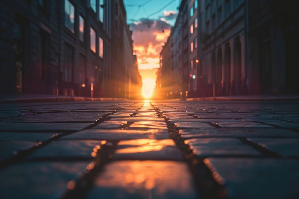 Photo of sunset behind a perspective street sunlight sky architecture.