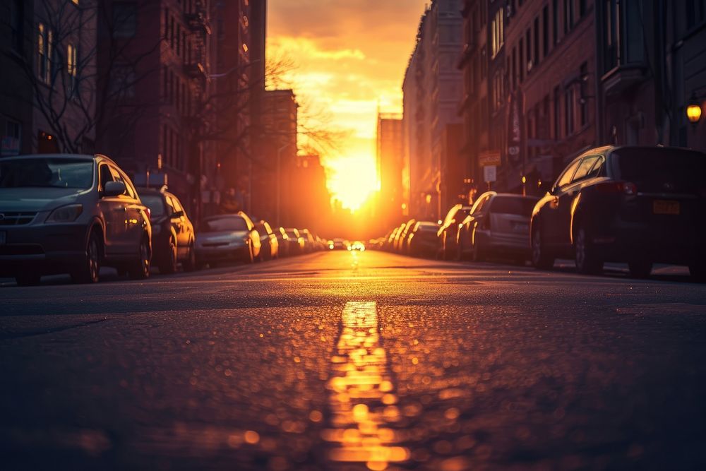Photo of sunset behind a perspective street sky outdoors sunlight.