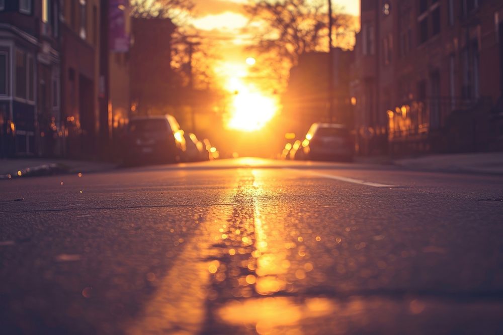 Photo of sunset behind a perspective street sunlight sky outdoors.