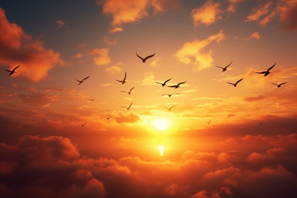 Photo of sunset in the sky sunlight flying bird.