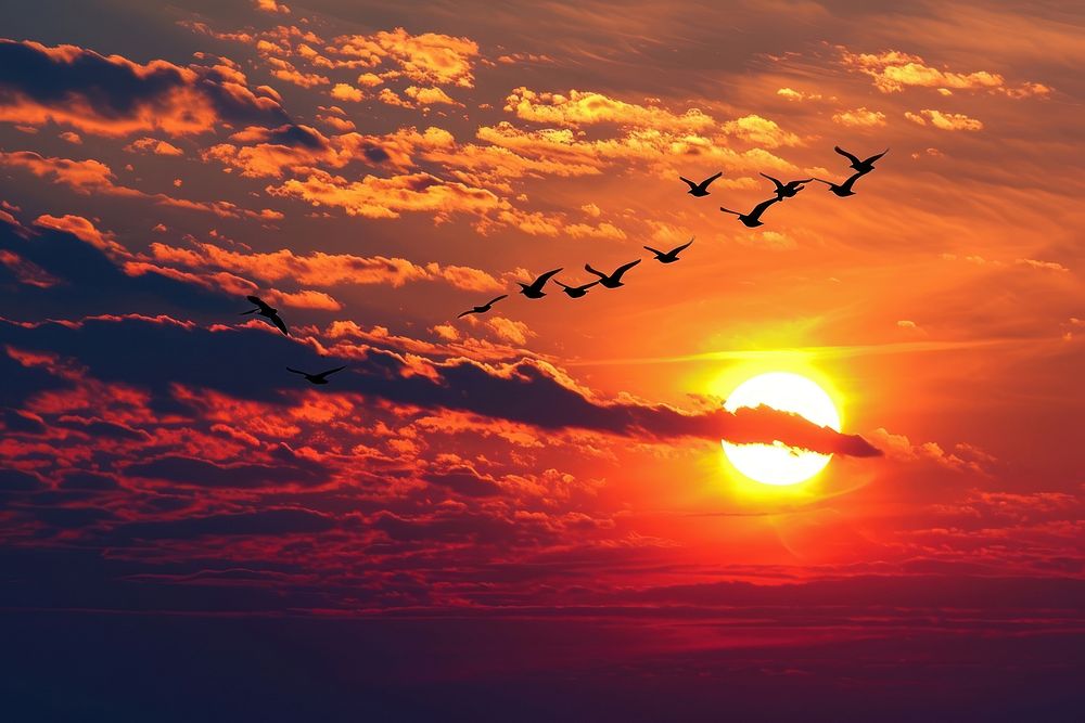 Photo of sunset in the sky sunlight flying bird.