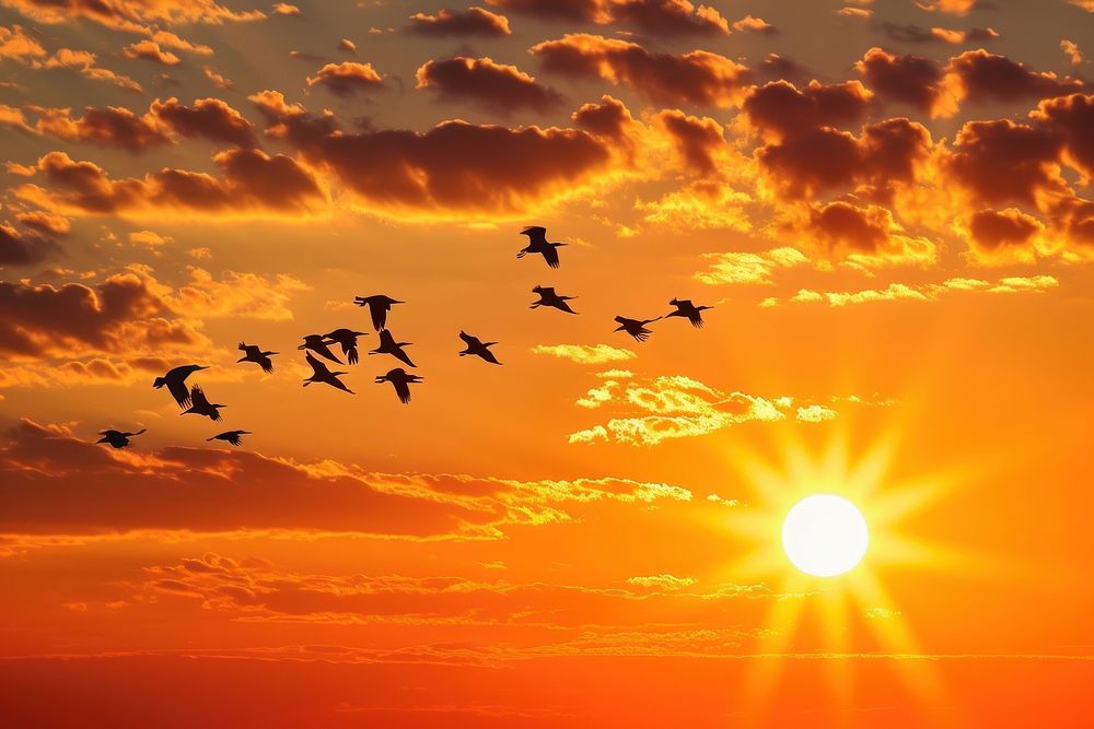 Photo of sunset in the sky sunlight flying bird.