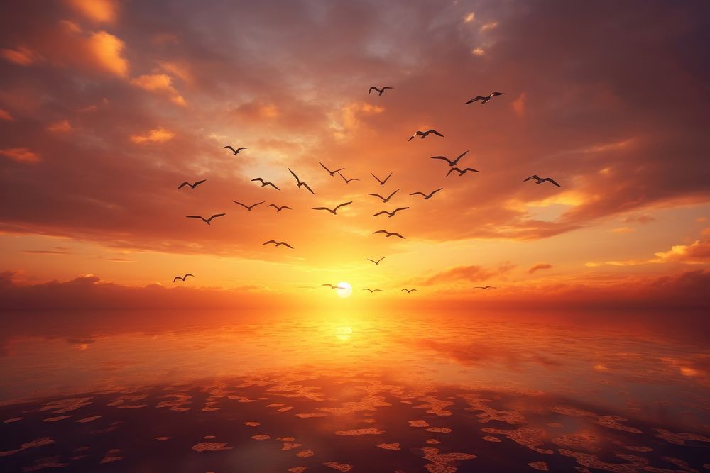 Photo of sunset in the sky bird backgrounds sunlight.