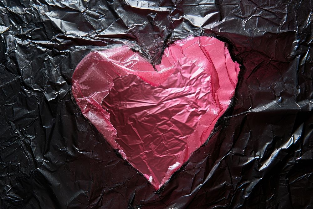 Pink plastic wrap with heart hole backgrounds aluminium crumpled.
