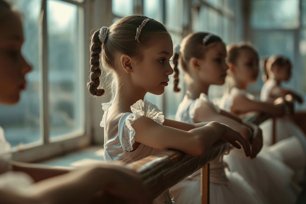 Little ballet students exercising in the barre portrait child contemplation. AI generated Image by rawpixel.