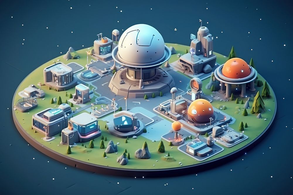 Cute space colony architecture map transportation.