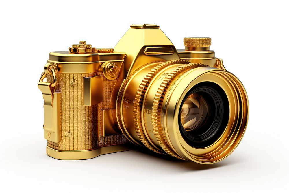 Camera gold white background photographing.