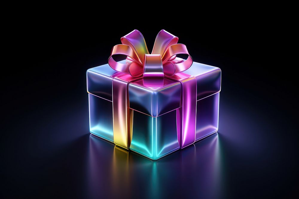 3D render of giftbox icon neon bow illuminated.