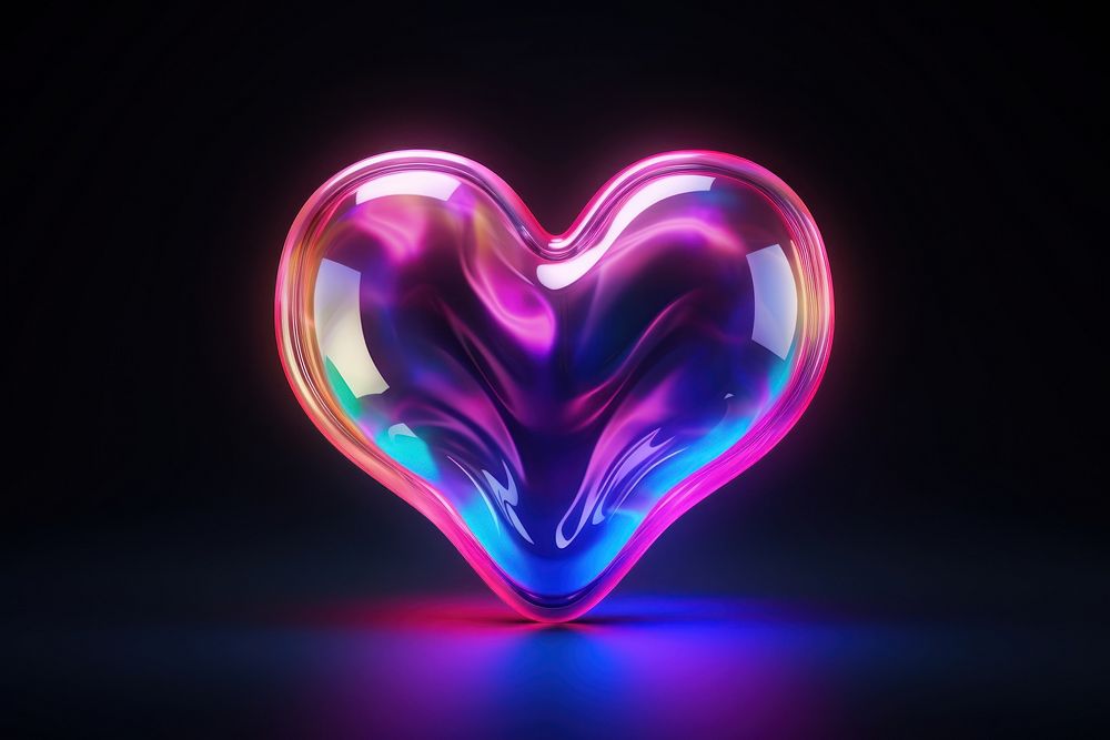 3D render of heart icon purple light neon.
