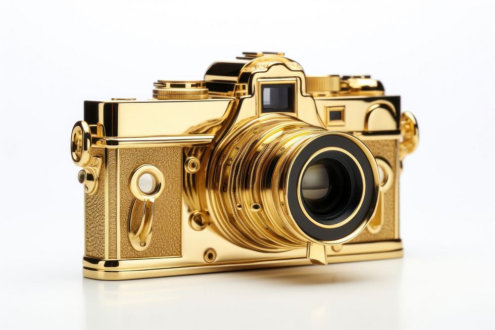 Old camera gold white background photographing.